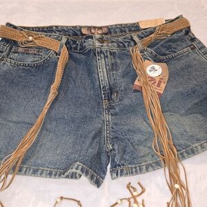 Denim Blue Women's Shorts with Tan Braided Belt